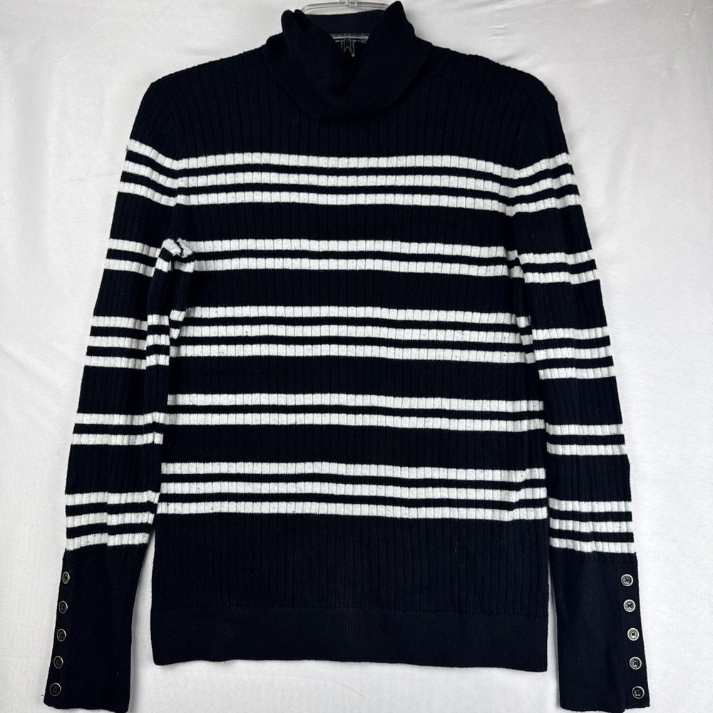 Talbots Sweater S Turtleneck Striped Ribbed Black White Pullover Cotton Blend